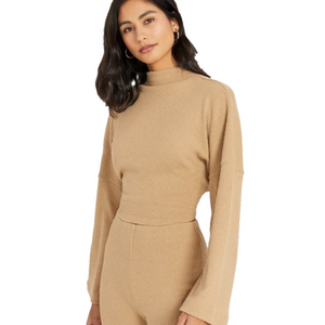 NWT REVOLVE Ribbed Textured Open Back Tie Top in CAMEL TAN by SOMETHING NAVY